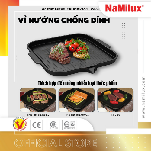 Vỉ Nướng Chống Dính Không Khói NaMilux│Phủ Lớp Chống Dính Teflon Whitford│Có Rãnh Thoát Mỡ│Hàng Chính Hãng