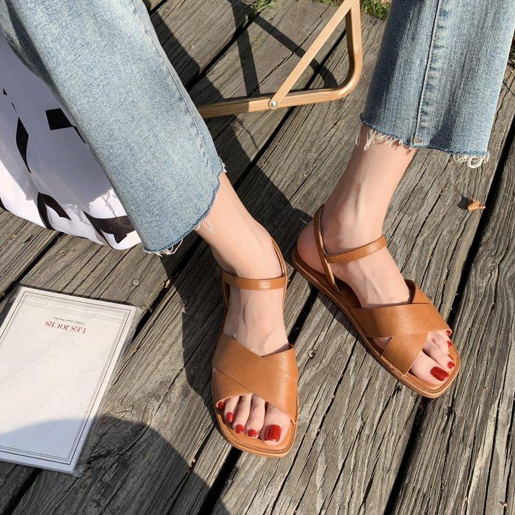 Fashion Square Open Toe One Line Buckle Flat Sandals for Women