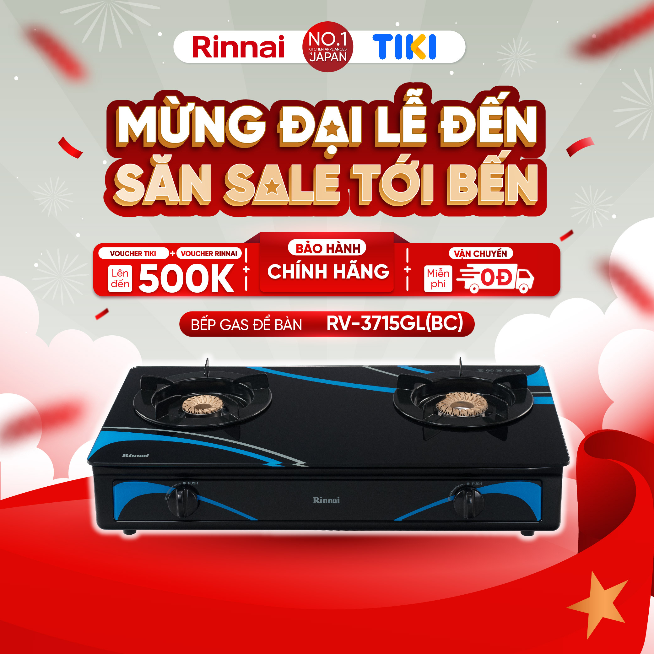 Bếp gas dương Rinnai RV-3715GL(BC) mặt bếp kính và kiềng bếp men - Hàng chính hãng.