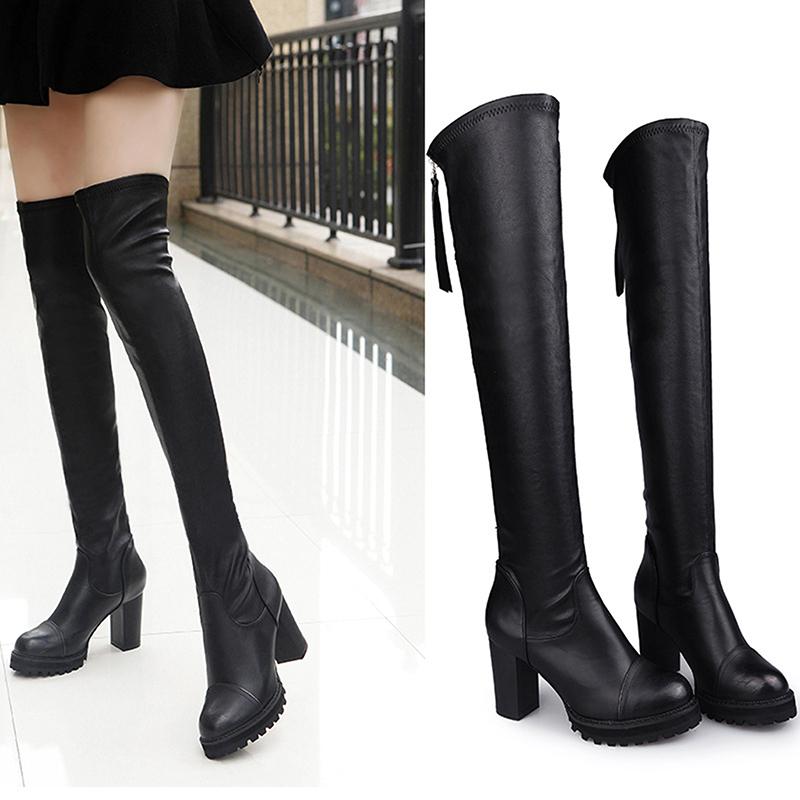 2021 Stovepipe Giày Bốt Nữ Trên Đầu Gối Hàn Quốc Mới Ống Dài Khởi Động Phiên Bản Thun Dày Nữ giày Cao Gót