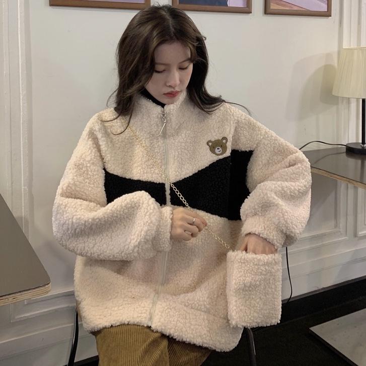 Áo Khoác Lông Cừu siêu ấm Thời Trang Mùa Đông hàn quốc ️ Áo Sweater Nữ Lông Mịn Thêu Cubs và Kèm Túi Chéo Set