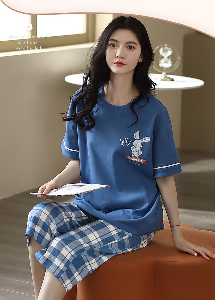 Đồ bộ mặc nhà cotton nữ tay ngắn quần lửng hình thỏ xanh nữ dễ thương 574