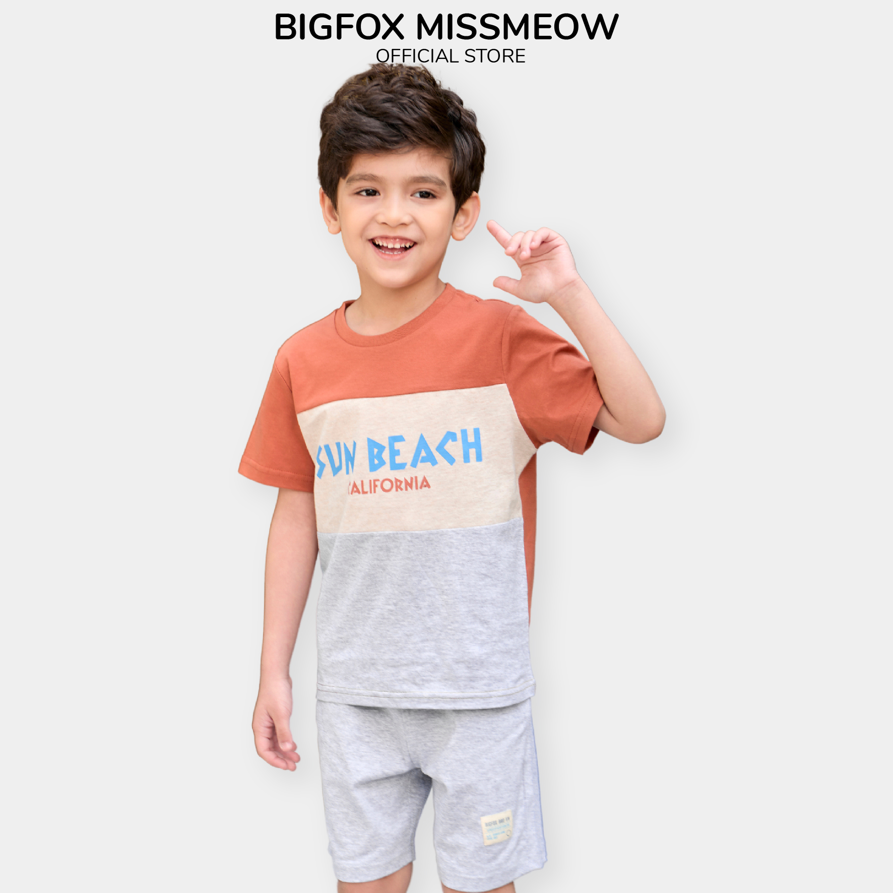 Đồ bộ bé trai Bigfox Miss Meow mùa hè size đại, bộ cộc tay cho bé trai kiểu Hàn Quốc in Sun Beach cỡ 3-11 tuổi 30kg 40kg