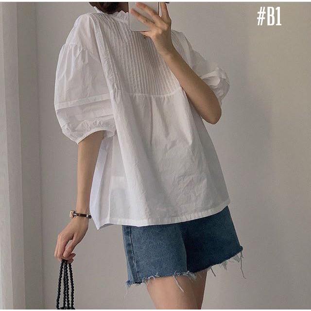 Áo kiểu Babydoll Tay Phồng Màu Trắng Dễ Thương