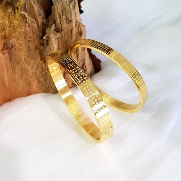 Vòng tay titan bát nhã tâm kinh màu vàng cao cấp hình tròn ni 50mm cầu bình an mang may mắn - có hạt huyết áp