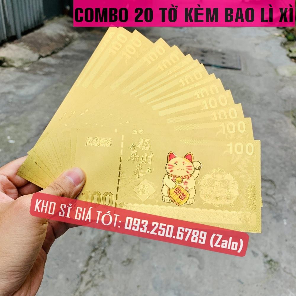 COMBO 50 Tiền + kèm bao lì xì, Tờ tiền in hình Con Mèo Macao 100 Vàng Plastic 2023 Quý Mão - Mẫu 1