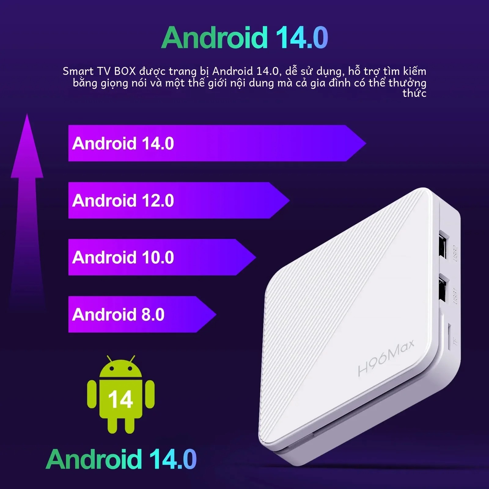 Android Tivi box H96 Max điều khiển bằng giọng nói tiếng Việt có bluetooth , wifi 2 băng tần 2.4G và 5G cài sẵn bộ ứng dụng giải trí truyền hình cáp ,Phim HD miễn phí vĩnh viễn RAM 2GB ROM 8GB- Hàng Nhập Khẩu