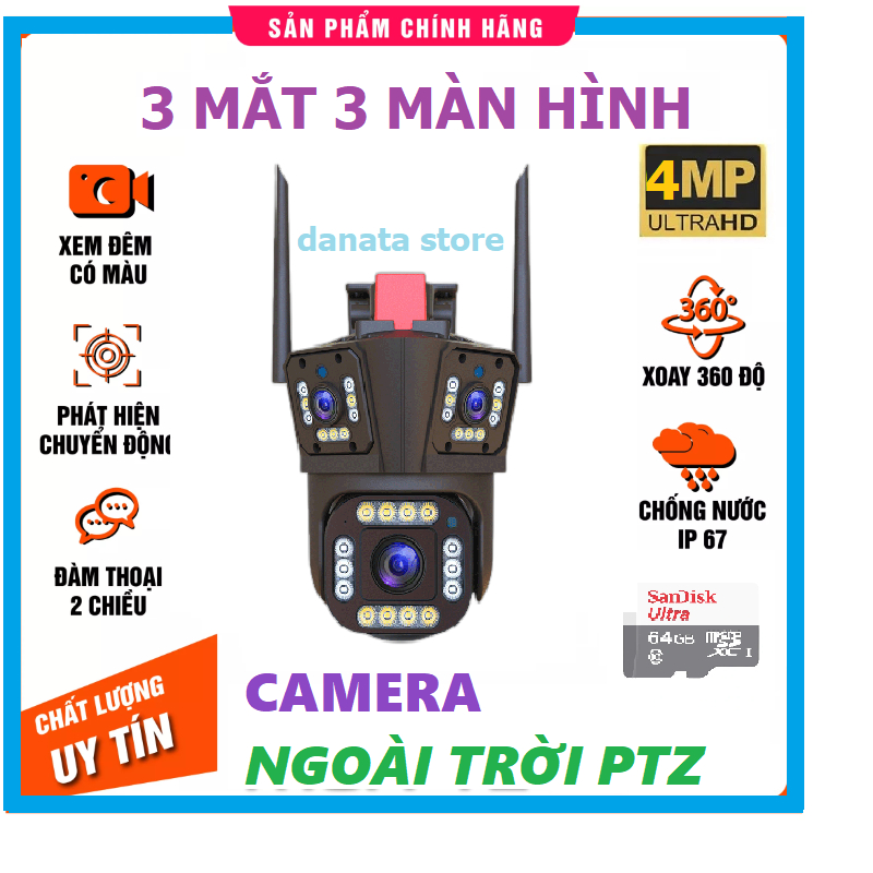 Camera IP Wifi 3 mắt 5K 4MP WiFi IP 10X Zoom 3 Ống Kính 3 Màn Hình Ngoài Trời PTZ Tự Động Theo Dõi Chống Nước - Hàng nhập khẩu