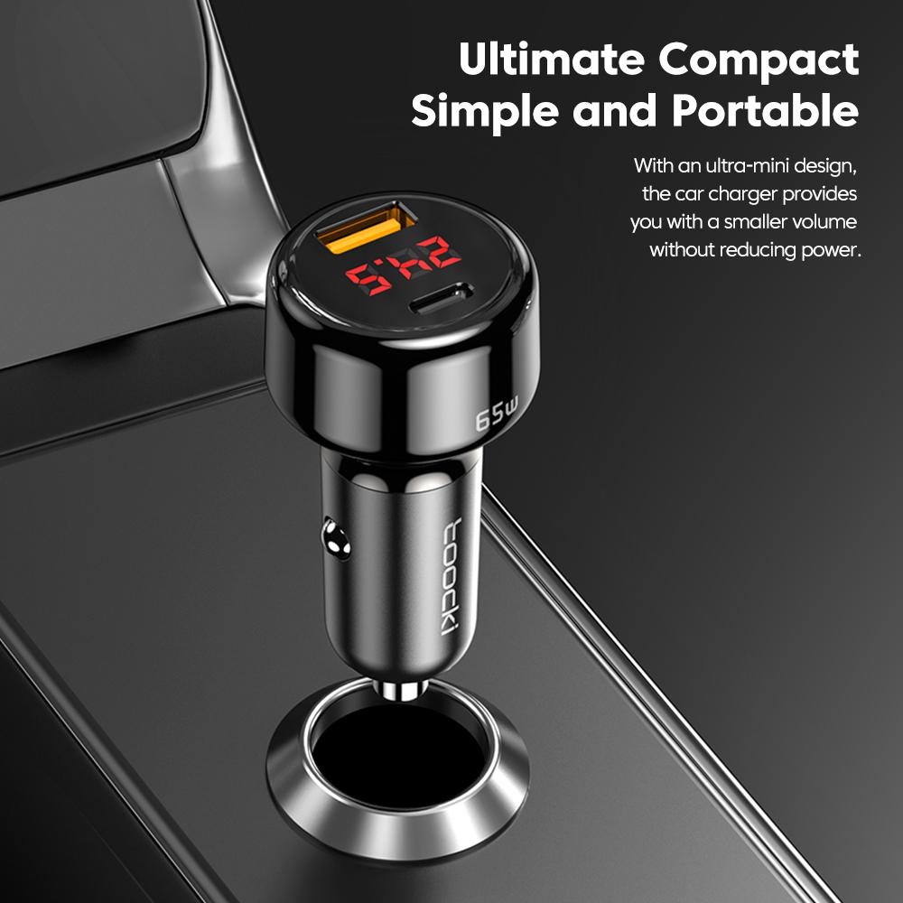 Bộ sạc xe hơi Toocki PD 65W USB Type C Sạc nhanh trong bộ sạc điện thoại xe hơi Digital Digital Bộ sạc điện thoại cho điện thoại di động QC3.0
