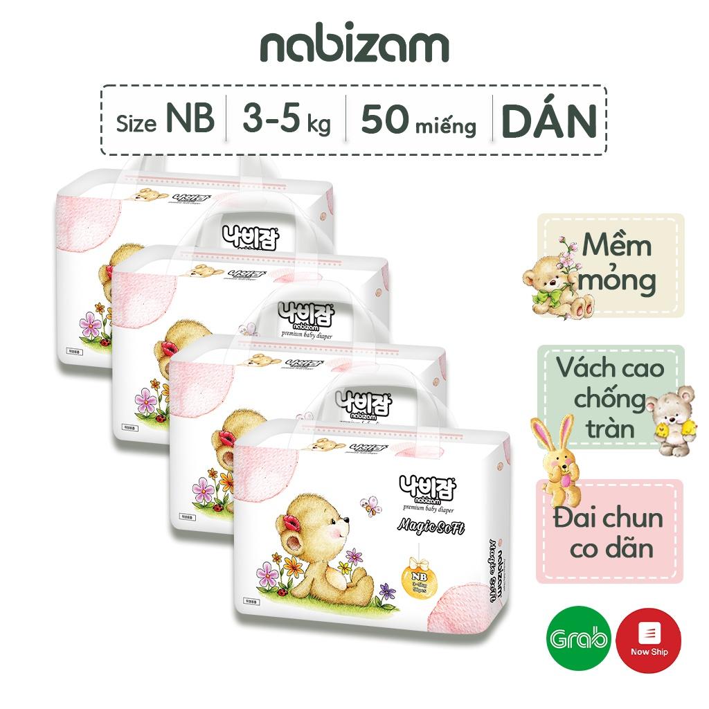 COMBO 4 Bịch Tã/Bỉm Dán NABIZAM Magic Soft Cao Cấp Từ Sợi Bông Được Tuyển Chọn An Toàn Cho Em Bé Size NB 3-5kg,50 Miếng