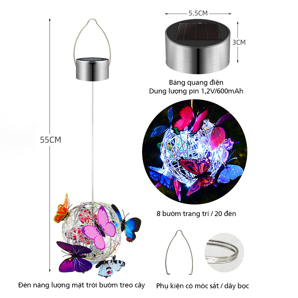 Đèn năng lượng mặt trời trang trí sân vườn bướm treo cây,siêu bền- K1513