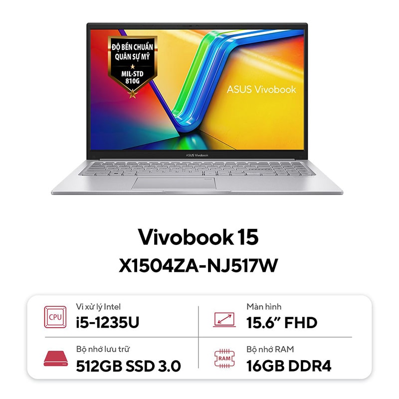 Laptop Asus Vivobook 15 X1504ZA-NJ517W (Intel Core i5-1235U | 16GB | 512GB | Intel Iris Xe | 15.6 inch FHD | Win 11 | Bạc) - HÀNG CHÍNH HÃNG