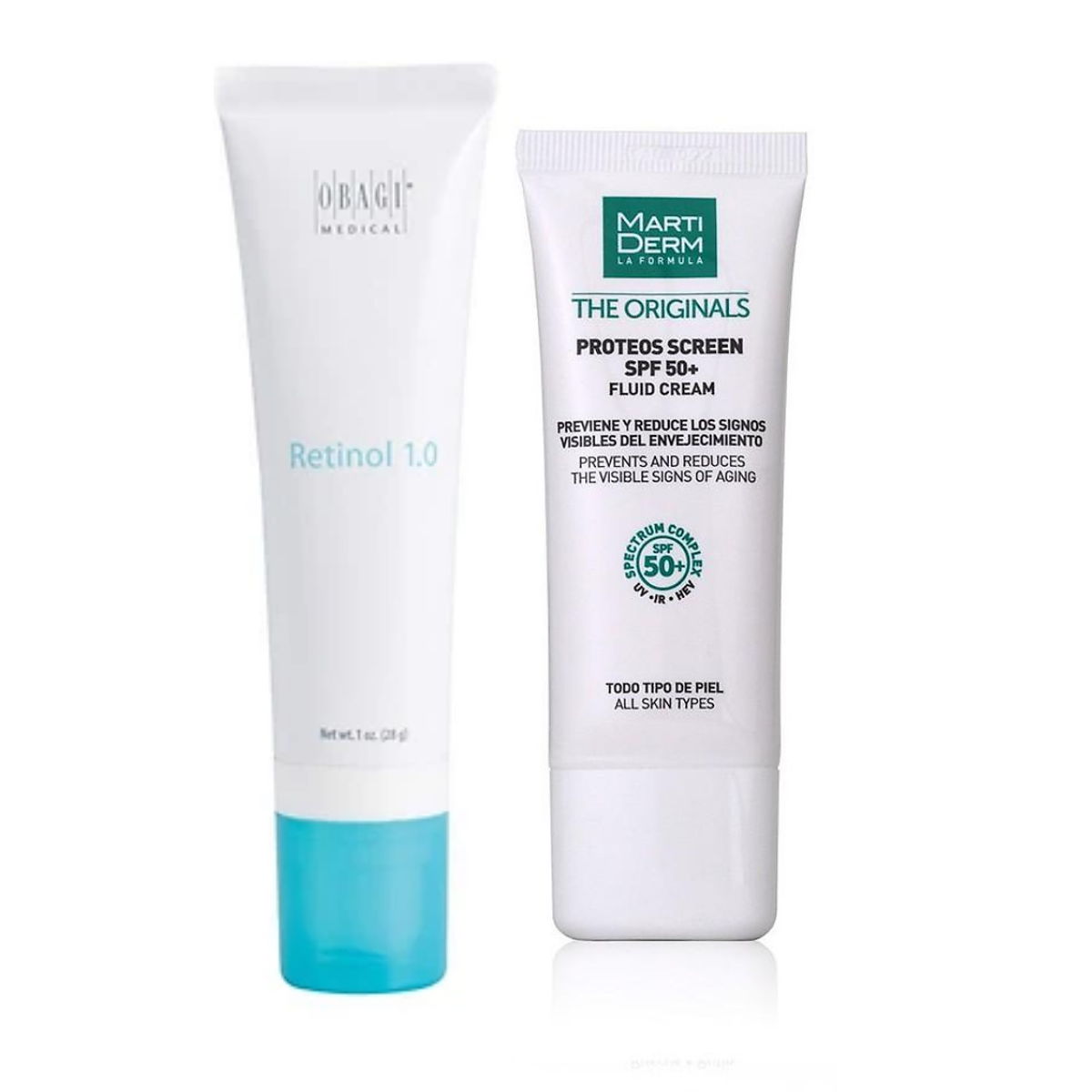 Combo hỗ trợ mụn, nám và bảo vệ da Obagi Retinol 1.0  &amp;  MartiDerm The Originals Proteos Screen SPF50+ 40ml