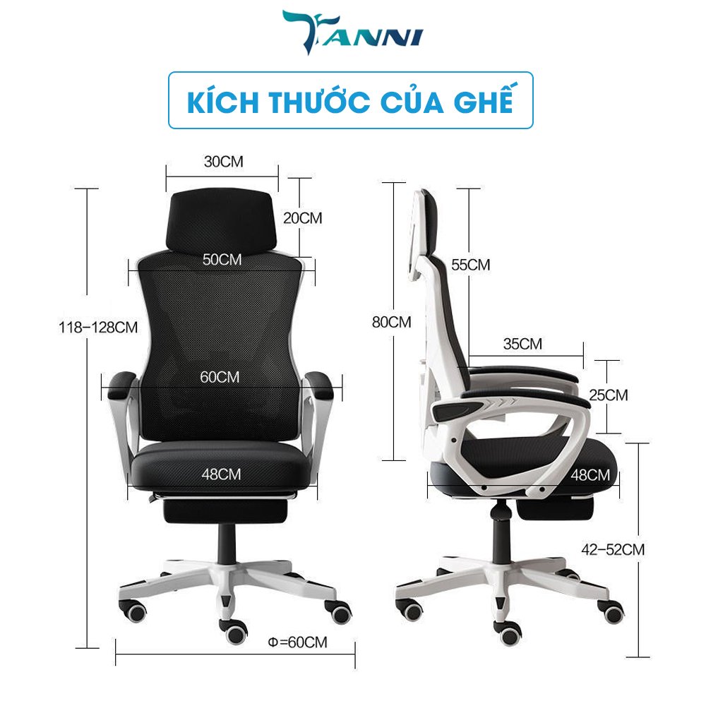 Ghế Xoay Văn Phòng Công Thái Học Ergonomic Có Ngả Lưng Gác Chân TANNI Premium 02 Plus, Ghế Xoay Gaming Cao Cấp Nhập Khẩu