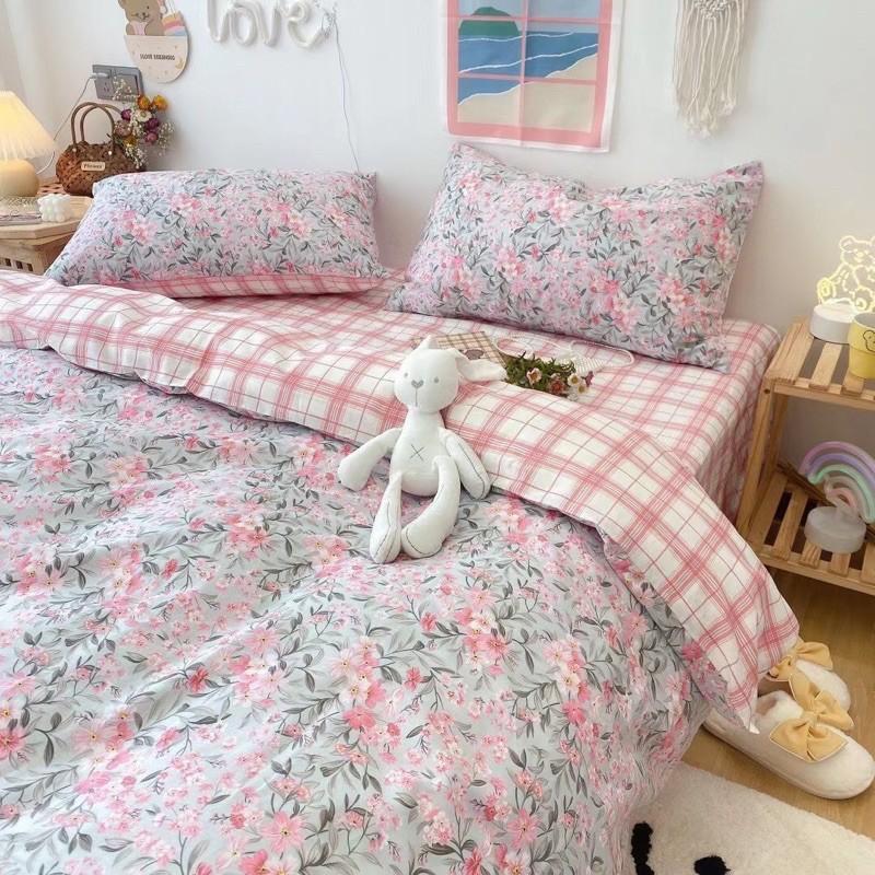 Set Cotton Living 100%cotton Hàng Nhập Khẩu Cao Cấp 4 Món Hoa Nhí Hồng
