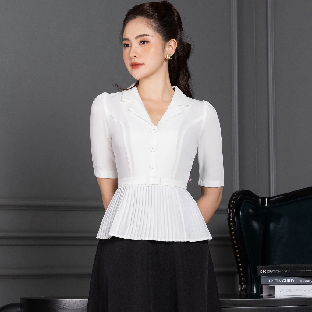 Áo Ký Giả Peplum Dập Ly UK Fashion Thiết Kế Tay Ngắn Bo Eo Điệu, Chất Liệu Nhập Hàn Mềm Mịn NKFSM2110001