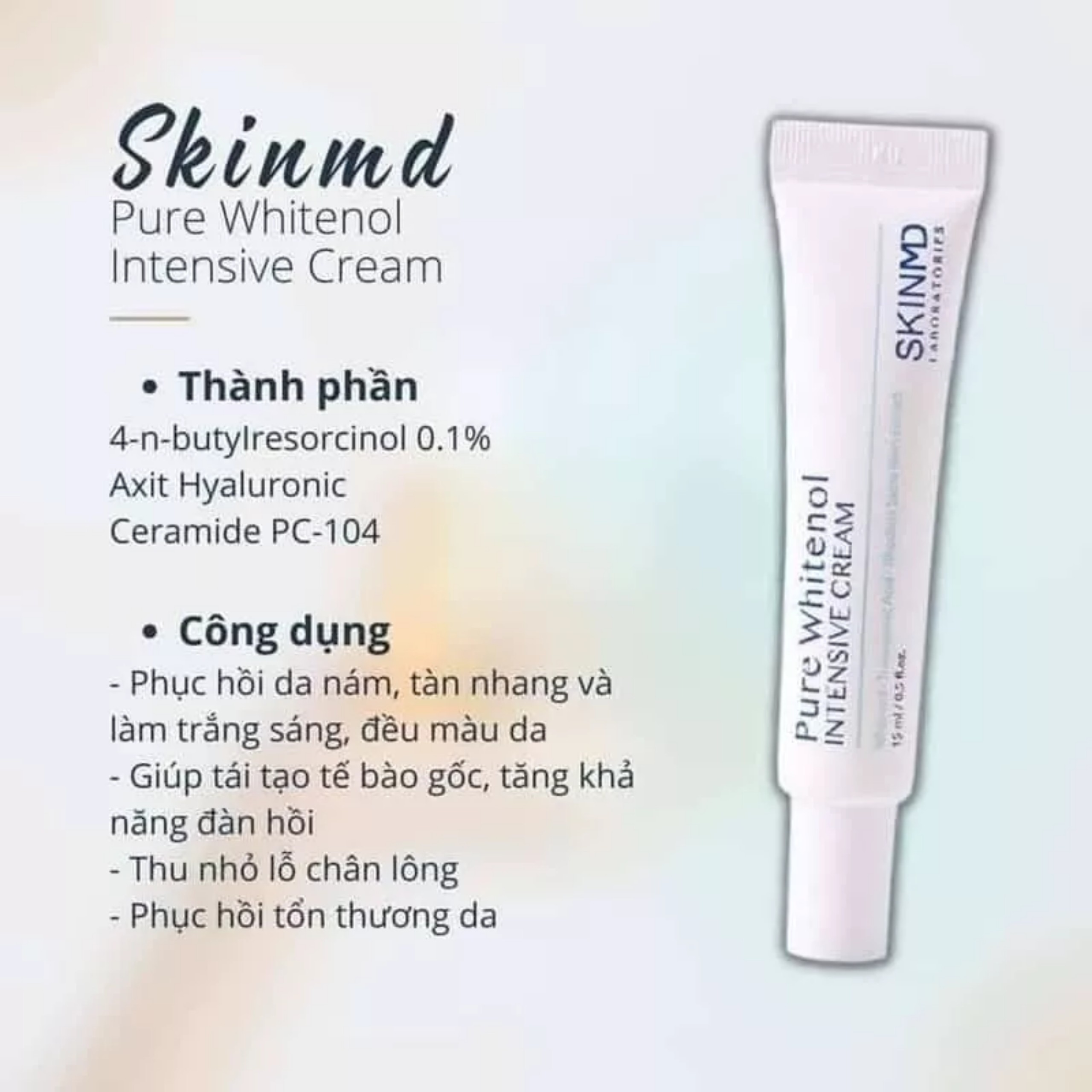 Bộ đôi mờ nám nâng cơ chuyên sâu SKINMD PURE WHITENOL INTENSIVE CREAM 15g và SKINMD REVITOX PEPTIDE CREAM 50g tác động mạnh mẽ giúp mờ nám trắng da mờ vết thâm