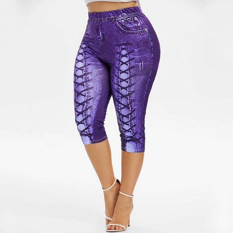 Cộng với kích thước phụ nữ yoga quần legging ngắn giả nữ denim ngắn quần hoa in quần short nữ Color: Style 3--Color 10 Size: S
