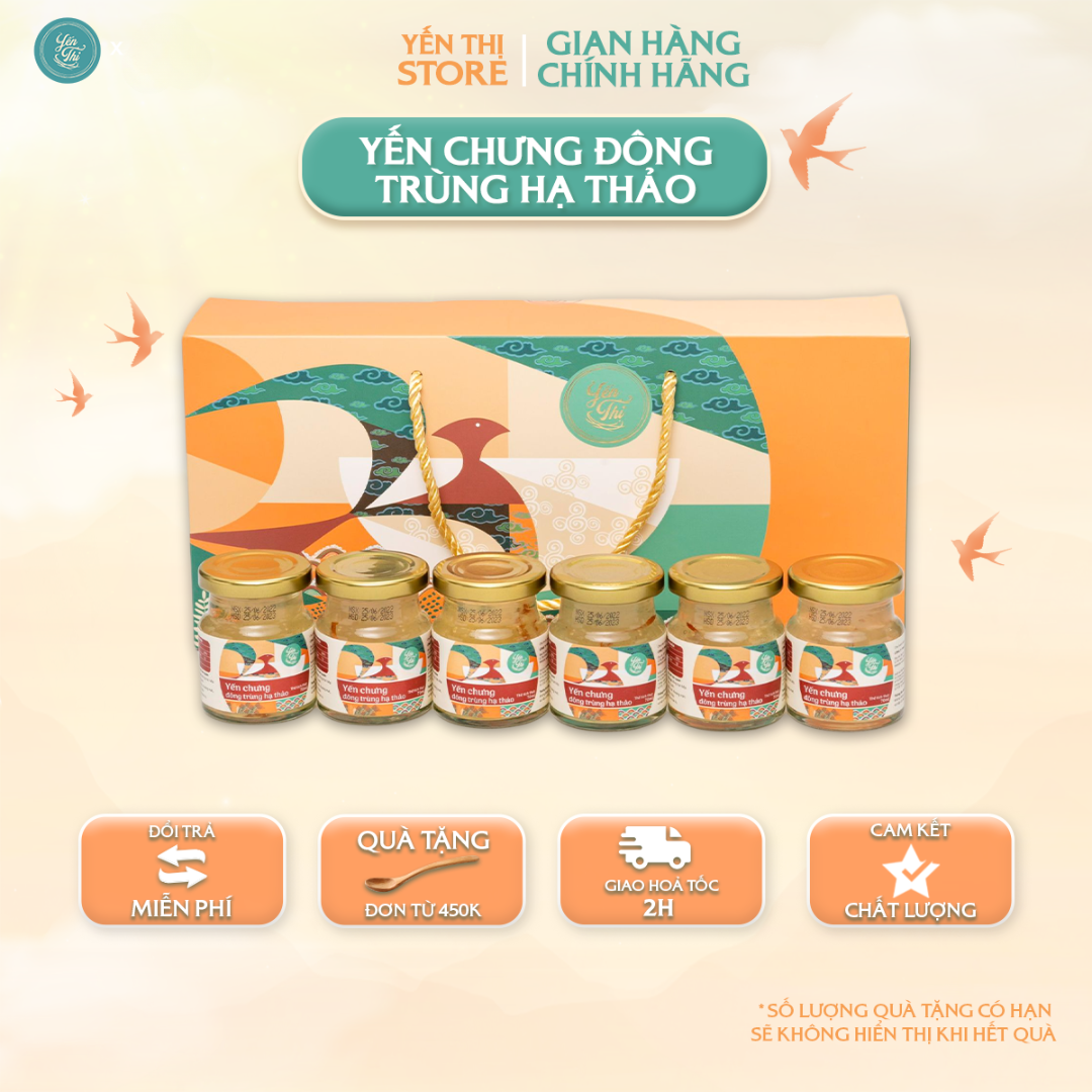 Tặng Muỗng Gỗ Đơn 450Kyến Thị - Yến Chưng Đông Trùng Hạ Thảo - Yến Sào Nha Trang - Hũ 70Ml - Hộp Qùa 6 Hũ
