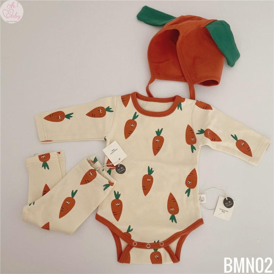 Đồ Bộ Dài Tay Cho Bé Chất Cotton In Hình Cà Rốt Kèm Mũ