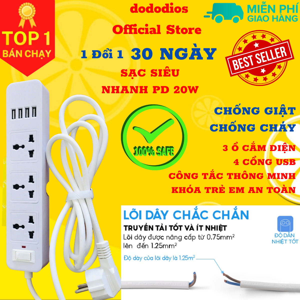 Ổ cắm điện đa năng thông minh dododios 2 cổng USB 5v sạc nhanh, chịu tải 2500W, tiết kiệm 30 kilowatt H dây nối 2m