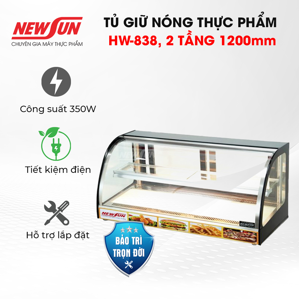 Tủ giữ nóng gà rán HW-838-3 thiết kế 2 tầng 1200mm kính cong NEWSUN - Hàng chính hãng