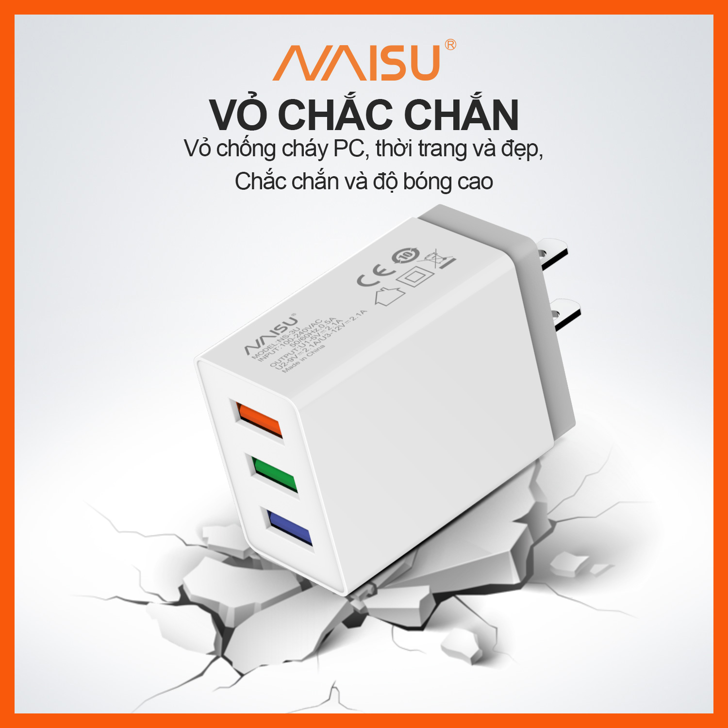 Bộ sạc nhanh, Naisu 3 cổng USB, cáp sạc tùy chọn, hỗ trợ đệm điện thoại IOS Android, NS-3U ID – 1815 - Hàng nhập khẩu