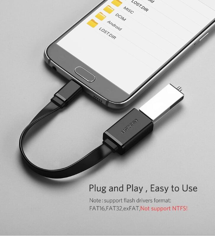Ugreen UG10821US133TK 10CM màu Đen Cáp chuyển đổi MICRO USB sang USB âm hỗ trợ OTG dáng dẹt - HÀNG CHÍNH HÃNG