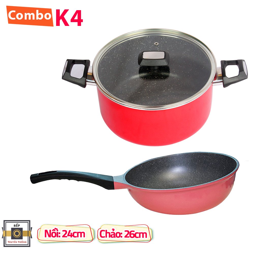 Combo 2 món cao cấp Hàn Quốc, nồi chống dính vân đá Kimscook, quai chống nóng, nắp kính cường lực viền inox size 24 cm và Chảo đúc chống dính vân đá Ecoramic sâu lòng  26 cm, dùng bếp gas, hồng ngoại, ...