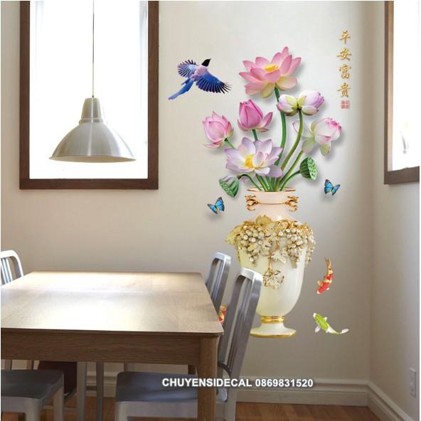 Decal trang trí tường - Bình Hoa Sen kiềng 3d