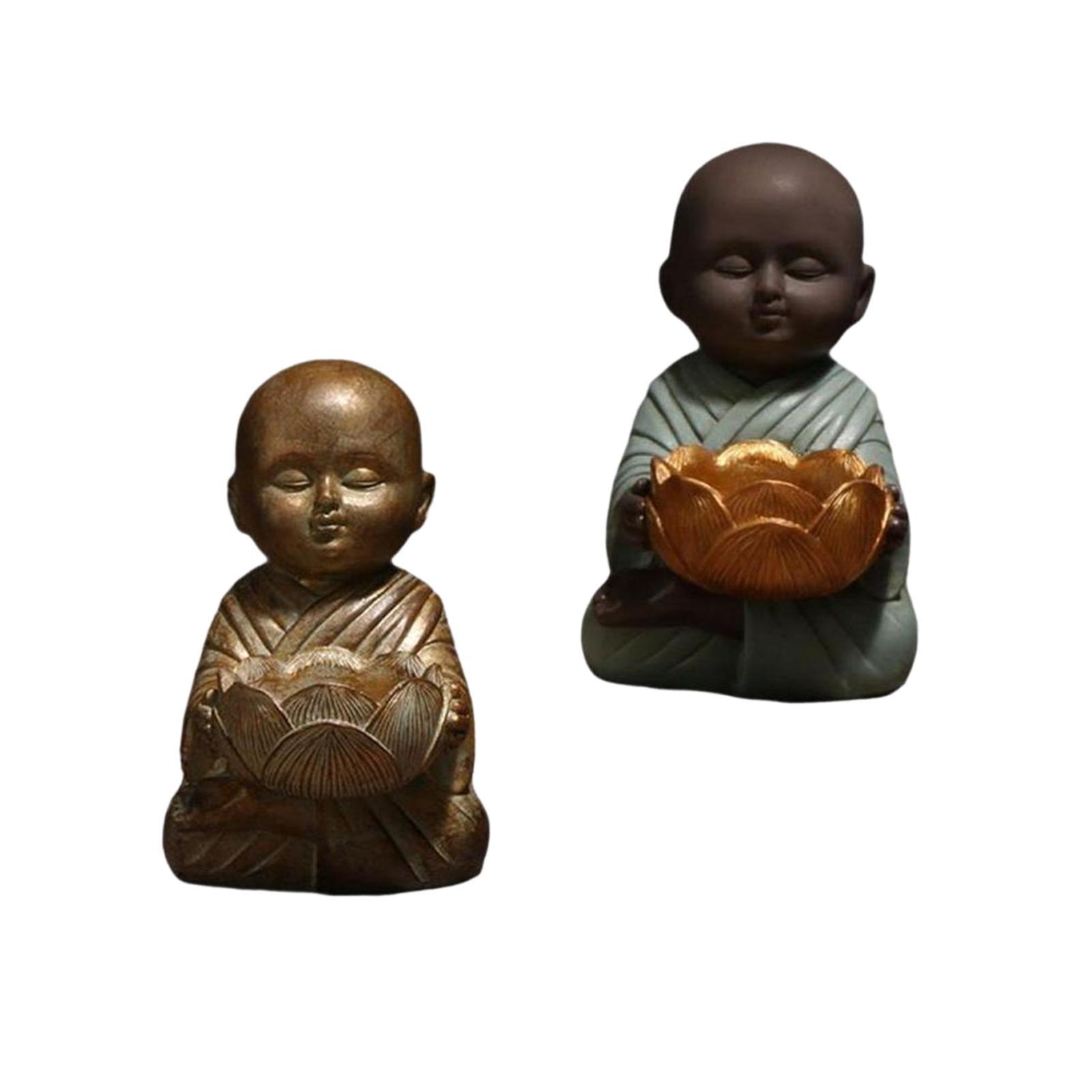 2x Buddha Statue Monk Doll  Sculpture Candleholders Figurines for Home