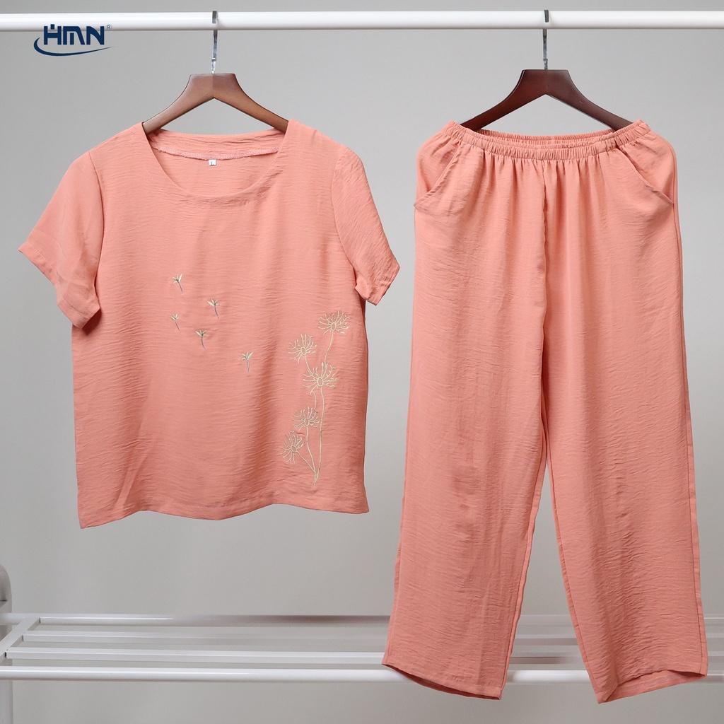 Set đồ bộ trung niên nữ áo thun tay ngắn thêu hoa Bồ công anh và quần Dài/lửng vải đũi linen mềm mịn - HMN Fashion