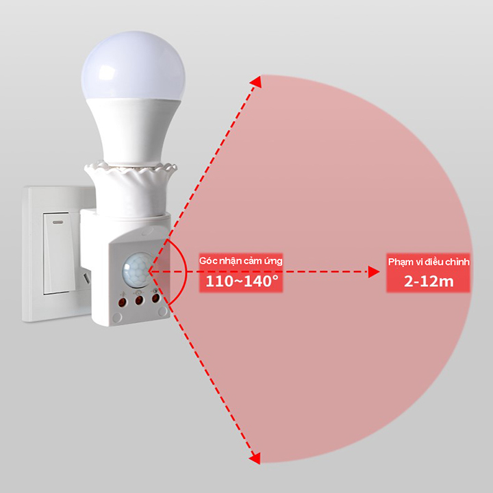 Đui đèn cảm ứng hồng ngoại tự sáng khi phát hiện chuyển động tiêu chuẩn E27, chức năng hỗ trợ điều chỉnh - Kèm bóng 9W