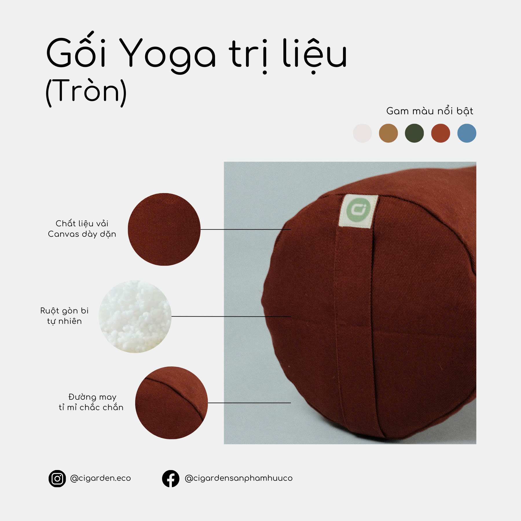 GỐI YOGA TRỊ LIỆU CAO CẤP - TRÒN - VỎ VẢI CANVAS - RUỘT BÔNG GÒN TỰ NHIÊN - Ci Garden