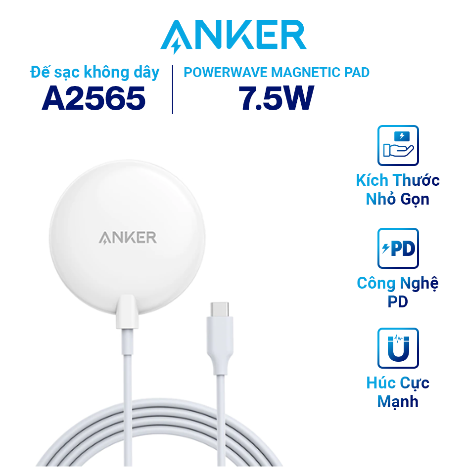Đế Sạc Không Dây Từ Tính ANKER PowerWave Magnetic Pad 7.5W A2565 Kiểm Soát Nhiệt Độ, Chắn Xạ, Nhận Sạc Type-C - Hàng Chính Hãng