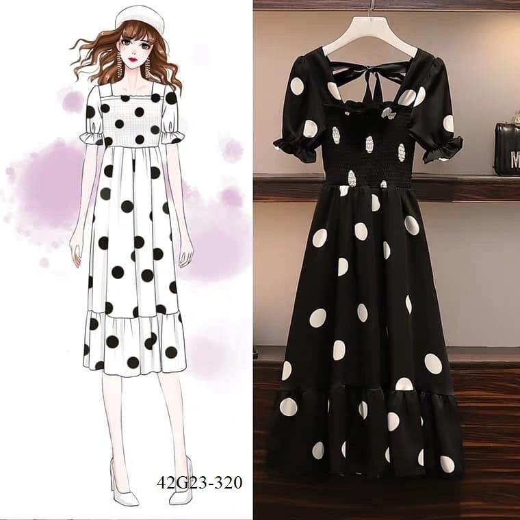 ĐẦM CHẤM BI NHÚNG NƠ LƯNG CAO CẤP -G23-320
