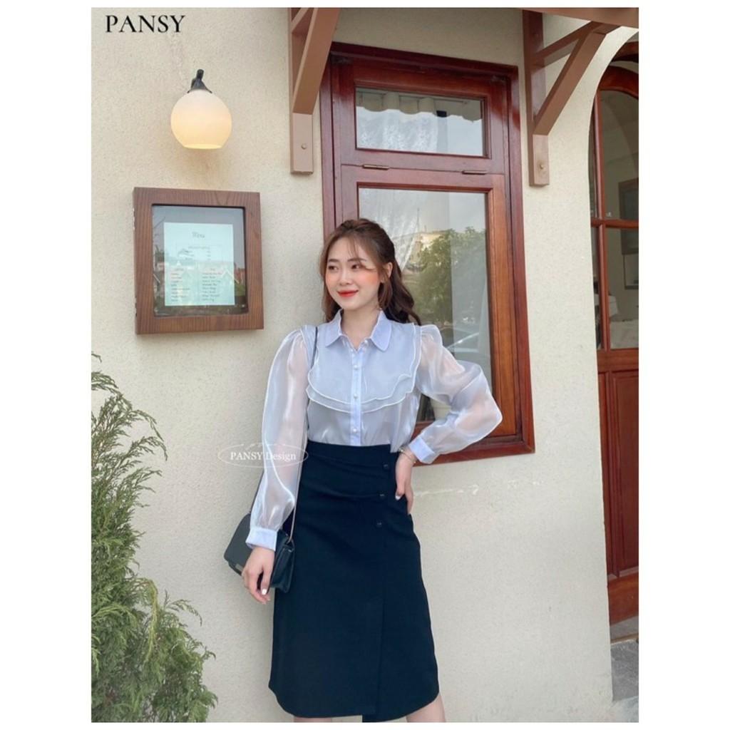 Chân váy công sở, dáng dài -bọc cúc