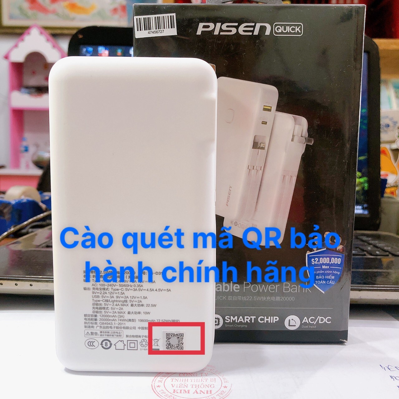 Pin sạc dự phòng PISEN kèm chân cắm, kèm cáp sạc C/L, sạc nhanh 22.5w, 20000mAh, TS-D313 - Hàng chính hãng