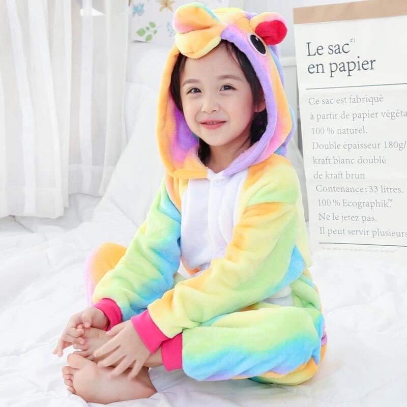 Combo Bộ đồ ngủ kỳ lân unicorn cầu vồng kèm dép cho bé và người lớn
