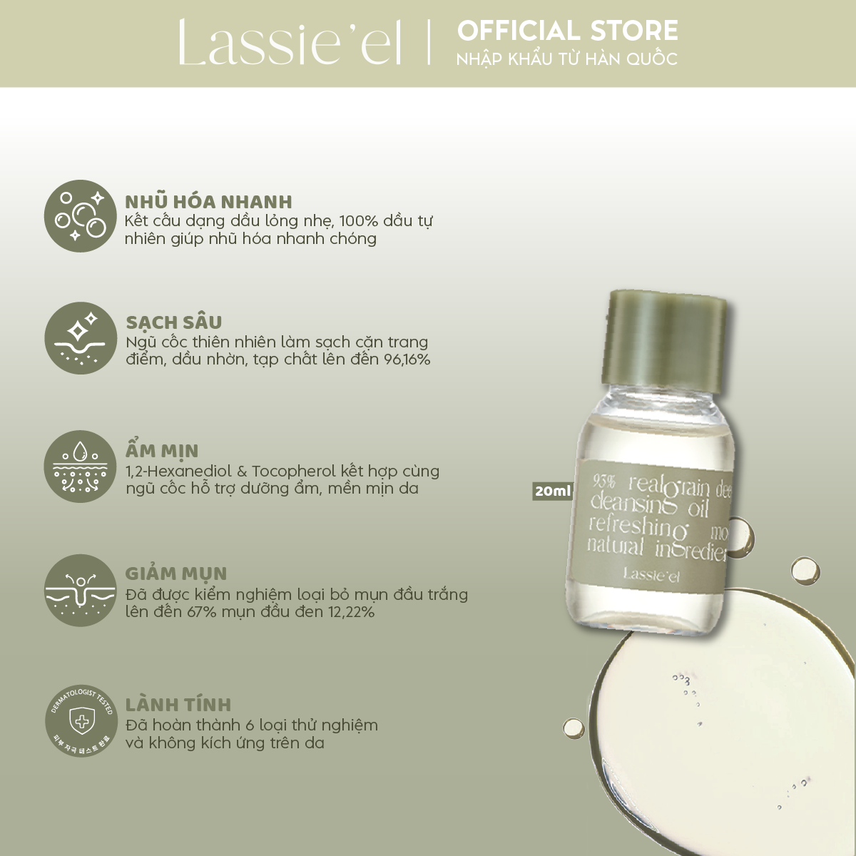 Dầu tẩy trang Lassie'el chiết xuất từ thiên nhiên làm sạch sâu lành tính dưỡng ẩm 20ml Hàn Quốc
