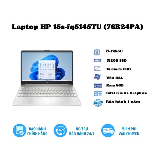 Laptop HP 15s-fq5145TU (76B24PA) (i7-1255U | 8GB | 256GB | Intel Iris Xe Graphics | 15.6' FHD | Win 11) - Hàng Chính Hãng