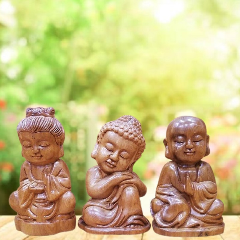 Bộ tượng gỗ tam phật thiền gỗ bách xanh đặt bàn trà, bàn làm việc - Tượng gỗ thưởng trầm, thưởng trà, trang trí tiểu cảnh