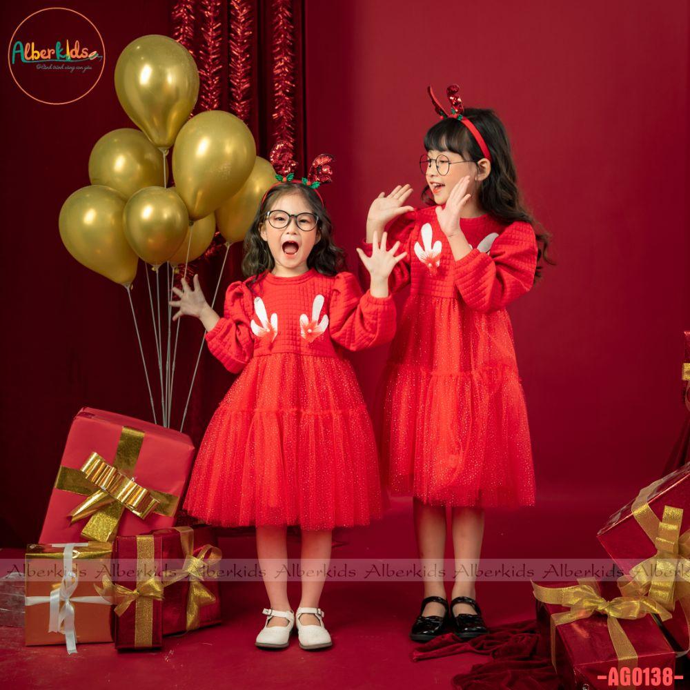 Váy bé gái ALBERKIDS công chúa đỏ noel tai tuần lộc cho trẻ em 2,3,4,5,6,7,8,9,10,11,12 tuổi