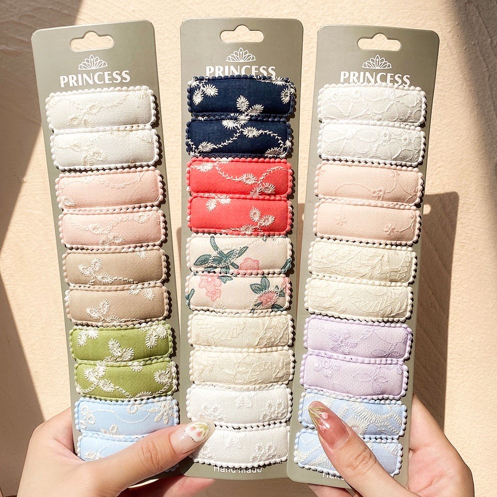 Set 10 Kẹp Tóc Bấm Hình Vuông Thêu Họa Tiết Vintage