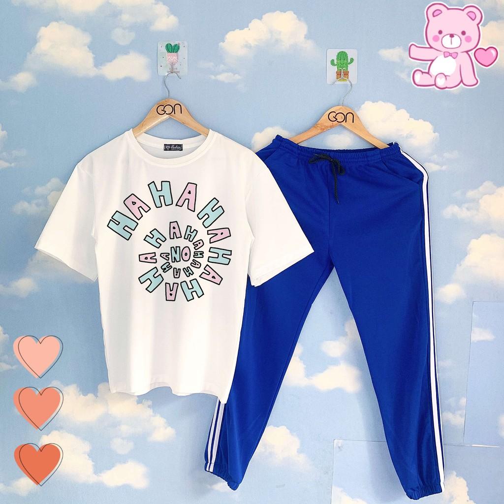 Set áo tay lửng quần thun 2 sọc XANH unisex, quần dài 2 sọc, 3 sọc Áo tay lỡ và quần thể thao