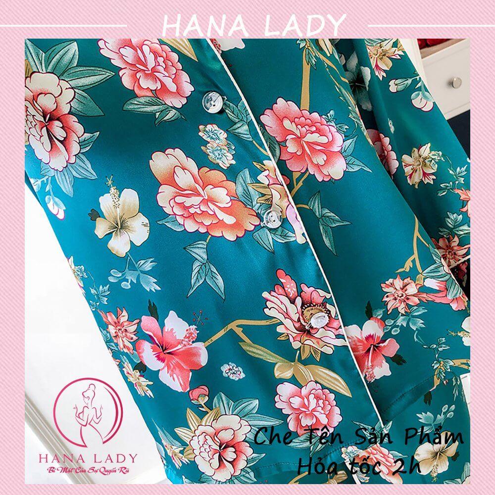 Đồ bộ ngủ pijama lụa mặc nhà mềm mại họa tiết hoa xanh PJ532