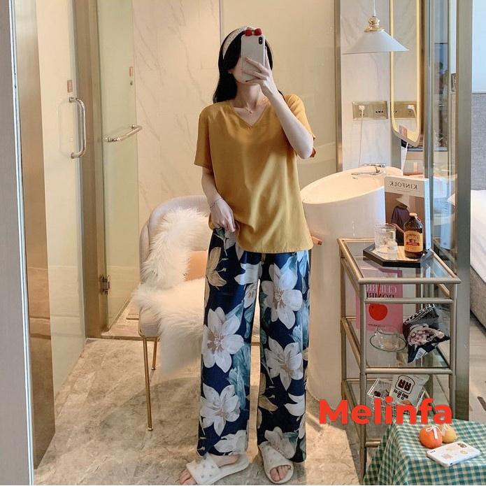 Bộ đồ ngủ nữ, bộ mặc nhà cộc tay quần dài xuông rộng mát lạnh chất vải rayon tự nhiên thoáng mát nhiều màu mã BD0262