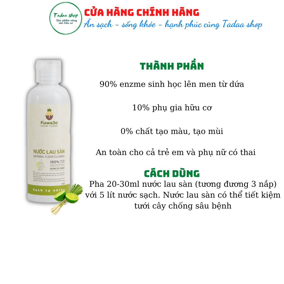 Nước lau sàn Enzyme sinh học Fuwa3e hương sả chanh chai 100ml