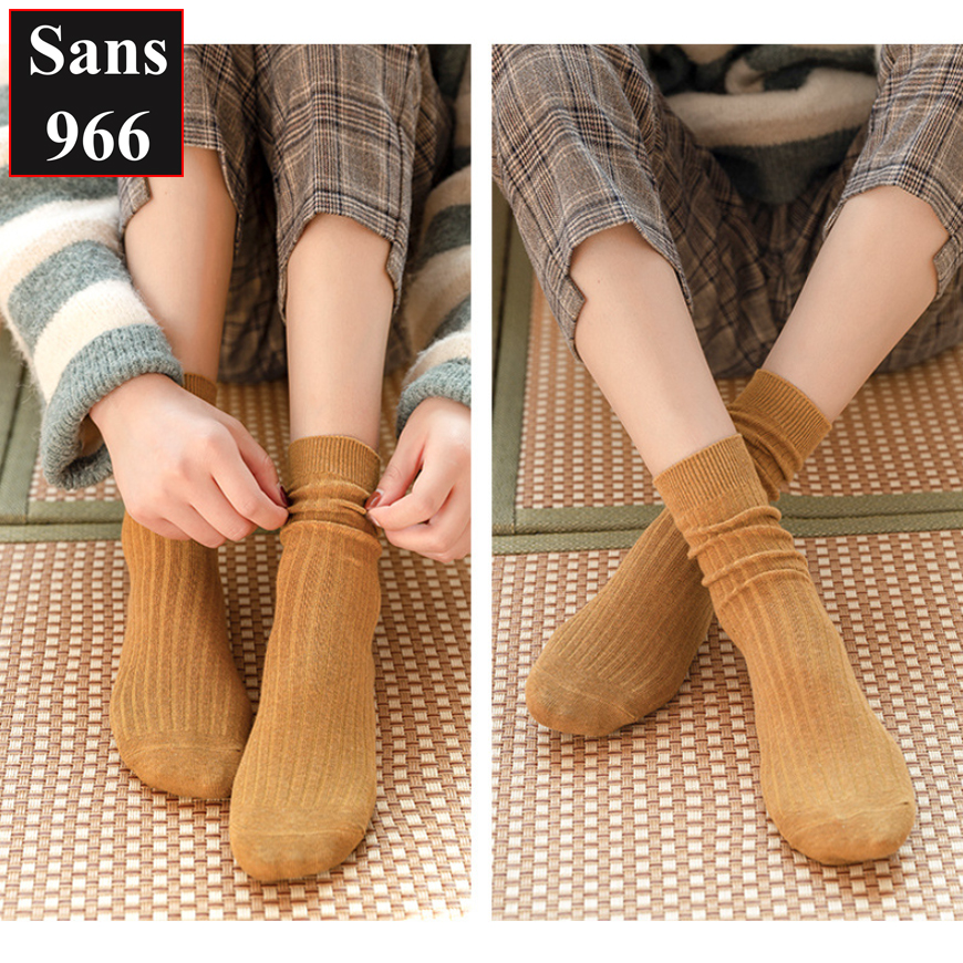 Tất cao cổ nữ vintage hàn quốc Sans966 vớ len gân trơn basic cotton dày dặn đẹp nhiều màu nâu trắng đen nâu xanh đỏ