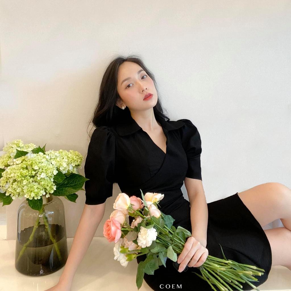 Đầm Sơ Mi Dáng Ngắn Màu Đen Nhún Eo Lệch Tay Phồng Chất Liệu Linen Premium CO EM Thiết Kế Phù Hợp Công Sở Đi Dạo Đi Tiệc